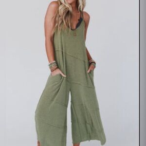 Three Bird Nest Boho Wide Leg Jumpsuit - Olive Green